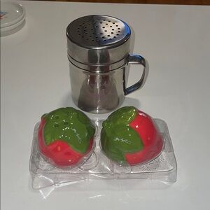 Dolly Parton Strawberry Salt &Pepper Shakers & Butterfly Powdered Sugar Shaker